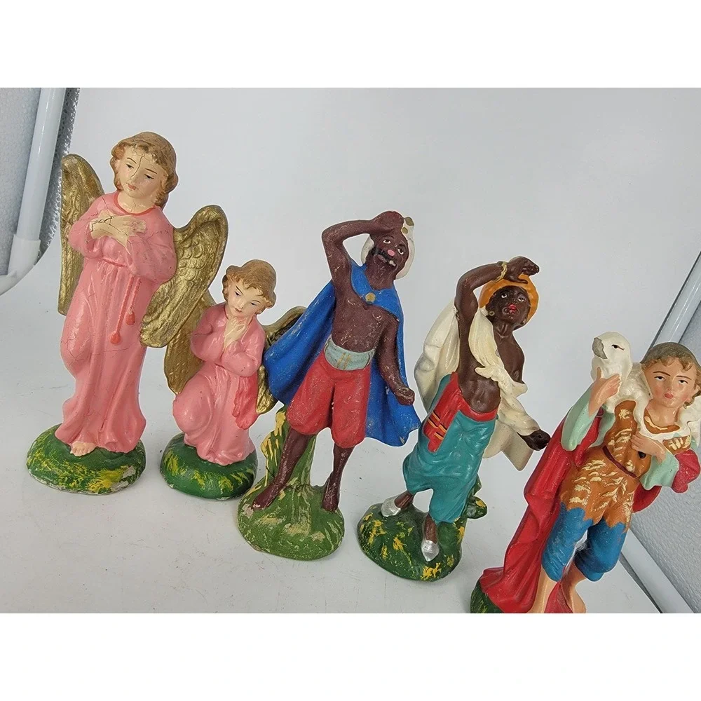 VTG Nativity Figures Stamped Made In ITALY Paper Mache Creche Chalk Set 5 50-60s
